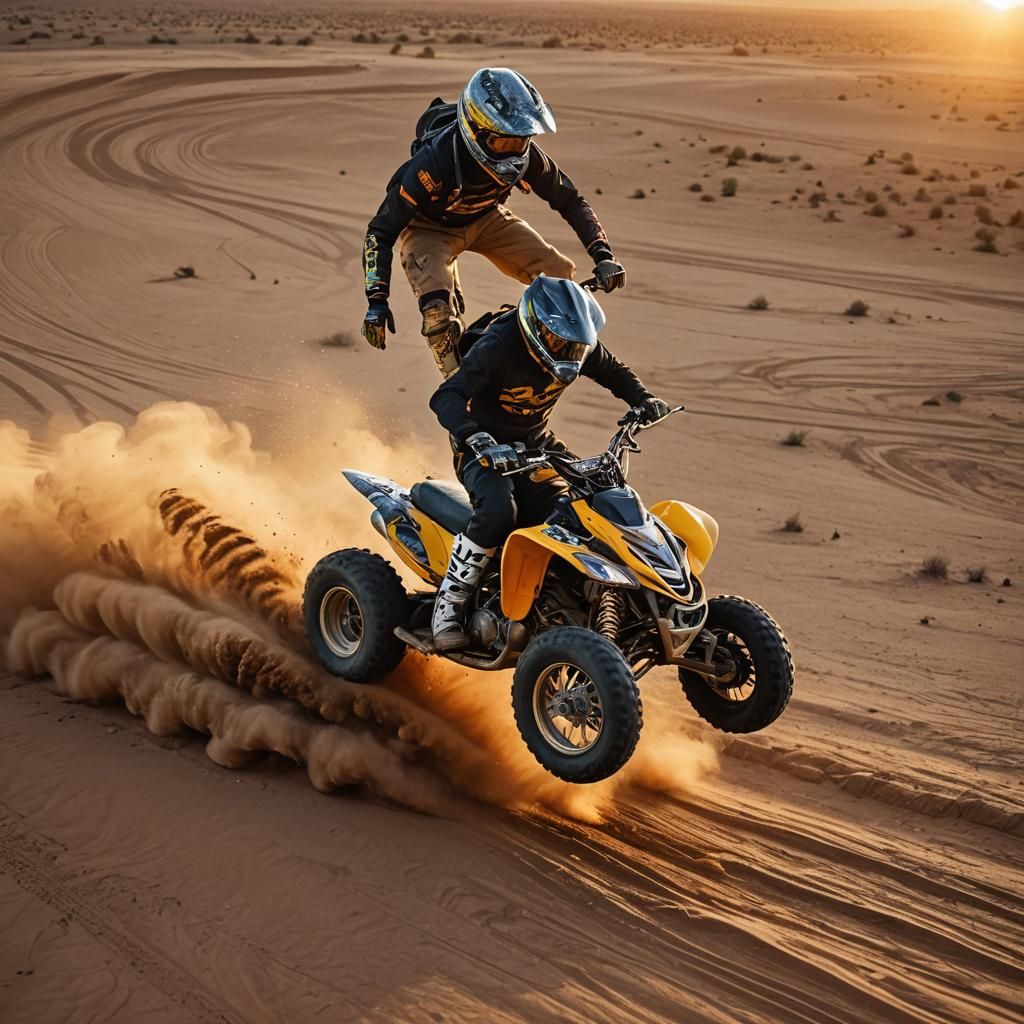Quad and Dirt Bike Hybrid Wheelie at Sunset