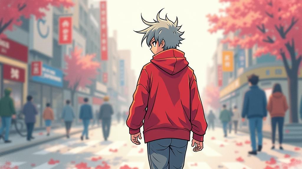 Anime Style Boy with Red Hoodie in City Street