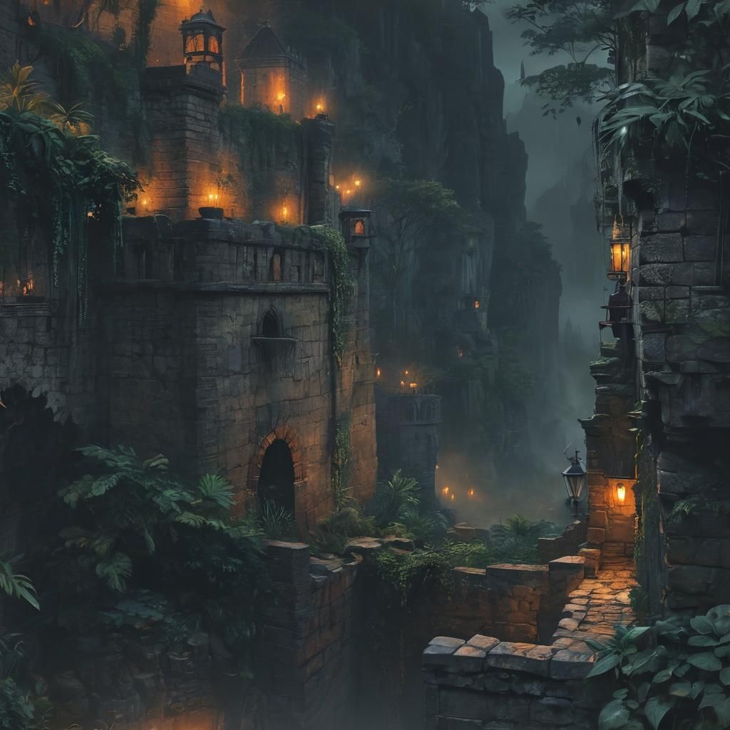 Walled City Fortress in Misty Dark Fantasy Landscape