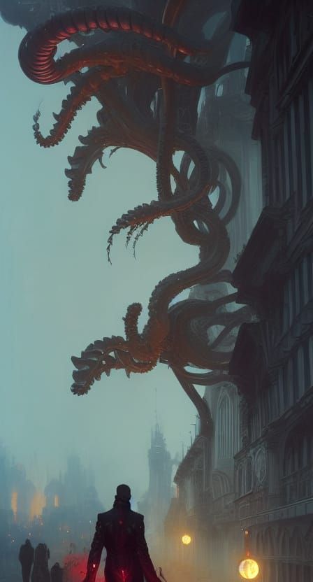 Cyborg Man Walks Away in Art Nouveau Style