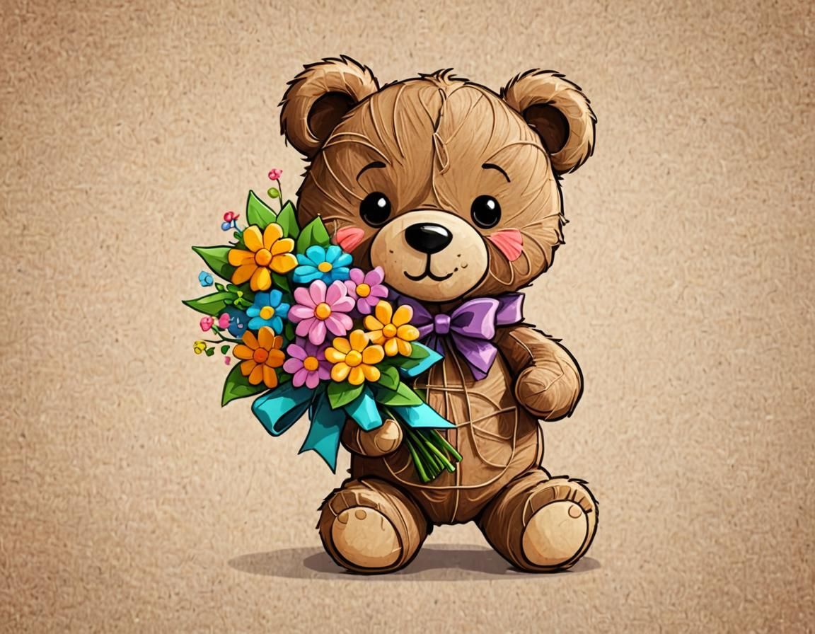 Cute String Cartoon Teddy Bear with Gift and Flowers