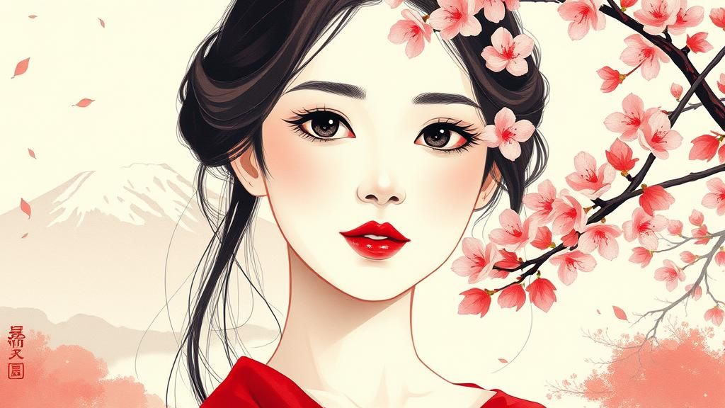 Elegant Japanese Portrait with Cherry Blossoms and Fuji