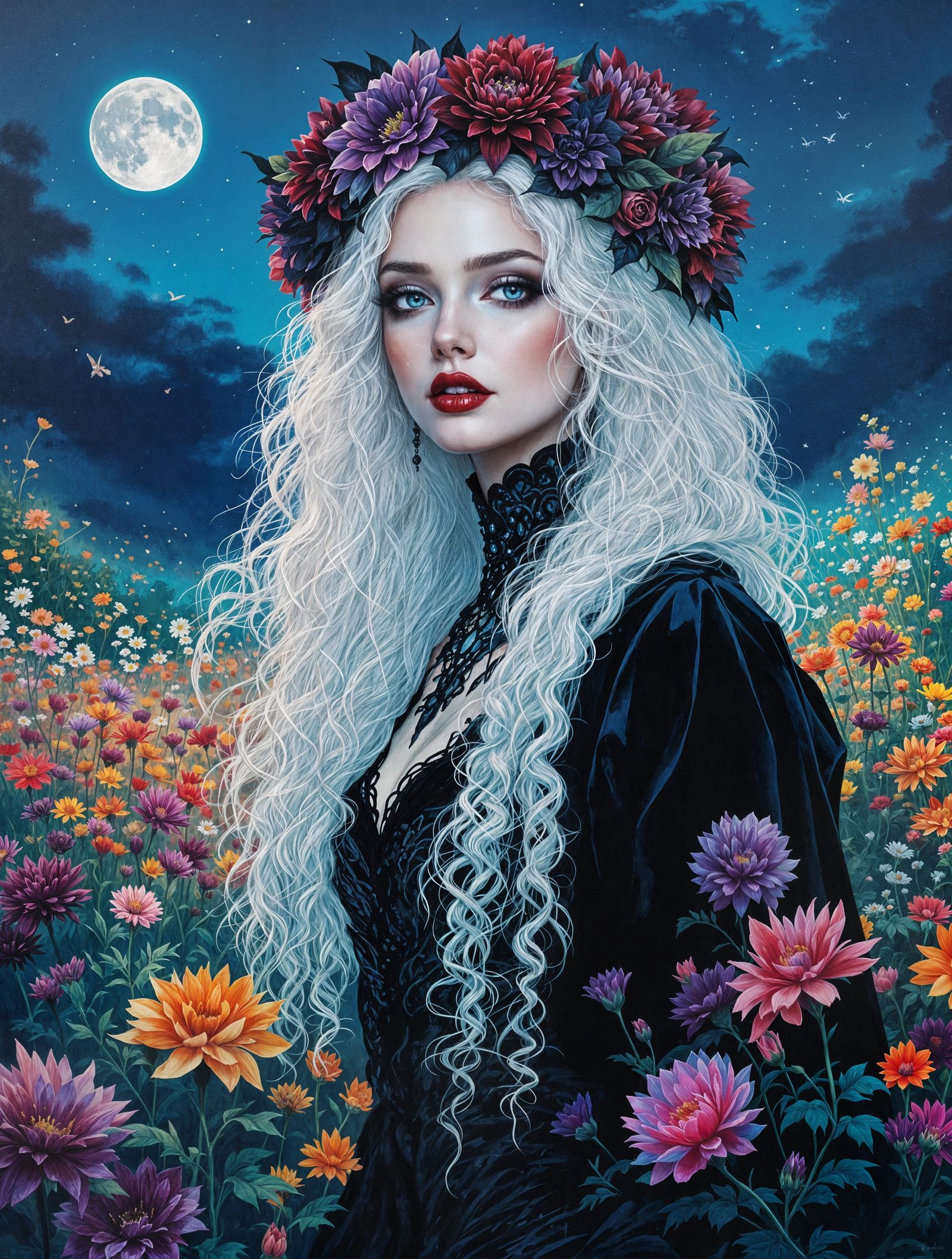 Gothic Queen in Vibrant Flower Meadow