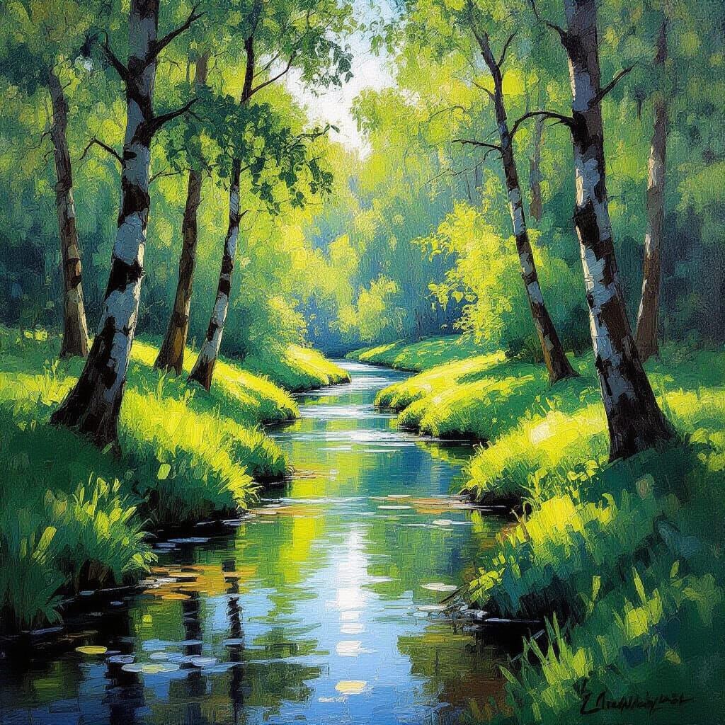 Sun-Dappled Forest Clearing Stream in Impressionist Style