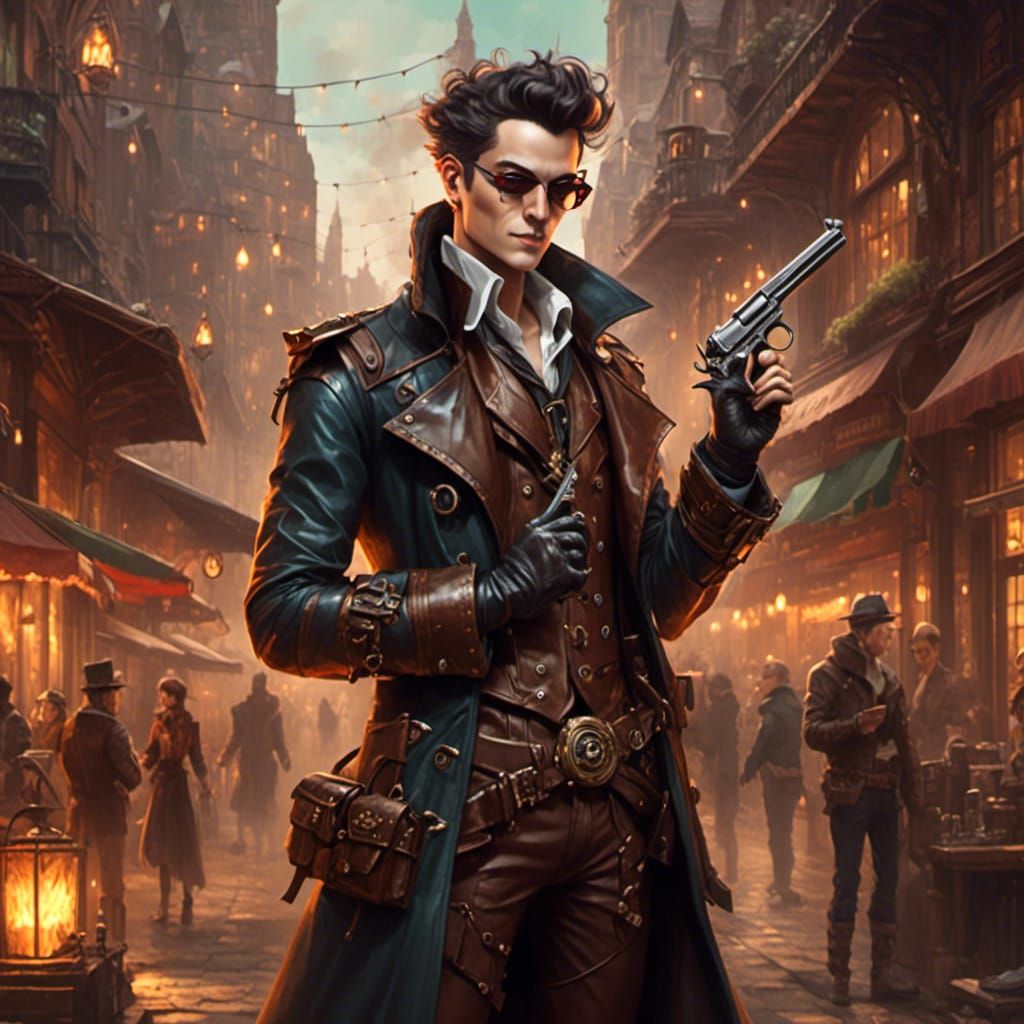 Steampunk Elf with Pistol in Anime Style