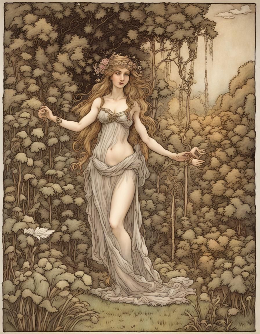 Goddess Venus in Garden, Rackham-esque Illustration