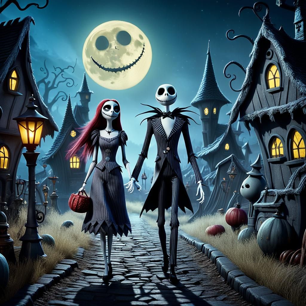 Jack and Sally in Whimsical Burtonesque Village