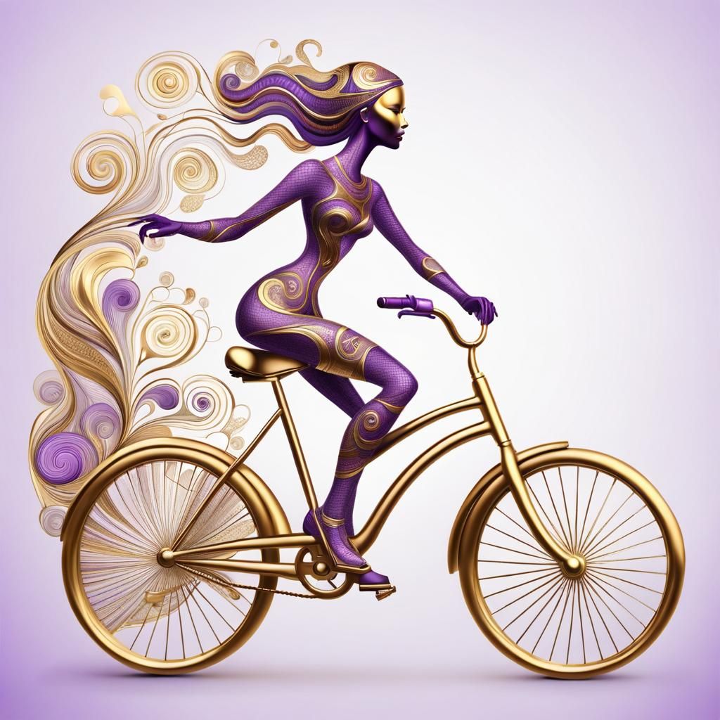 Purple Lady on Bike with Gold Highlights