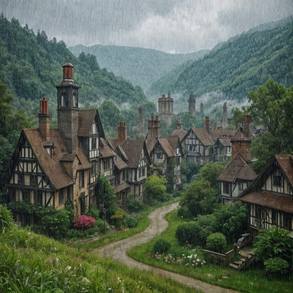 Victorian Village in Summer Rain