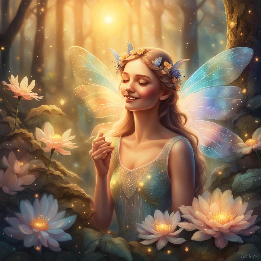 Fairy with Iridescent Wings in Mystical Forest
