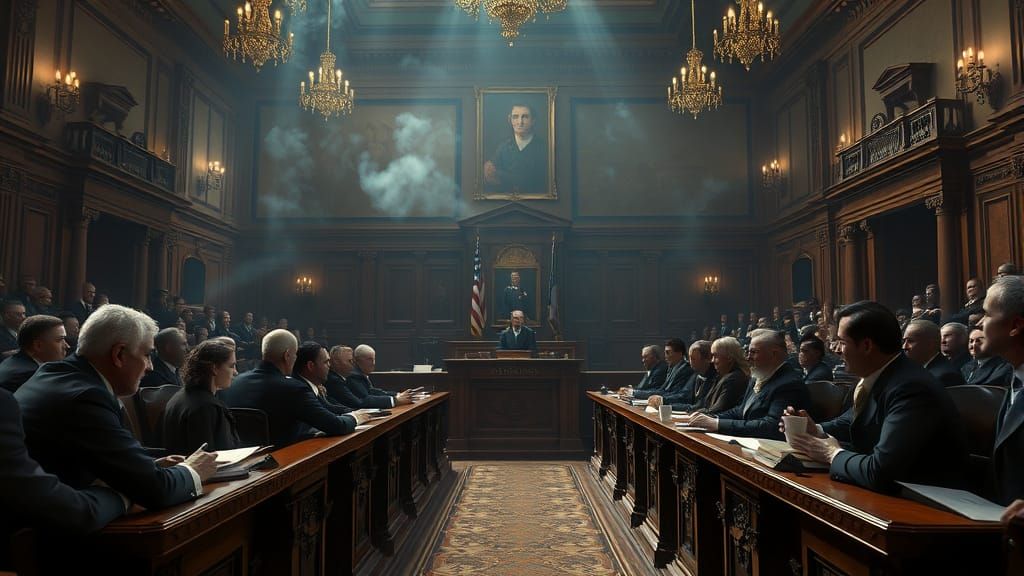 Victorian Era Courtroom Scene in Fantastical Style