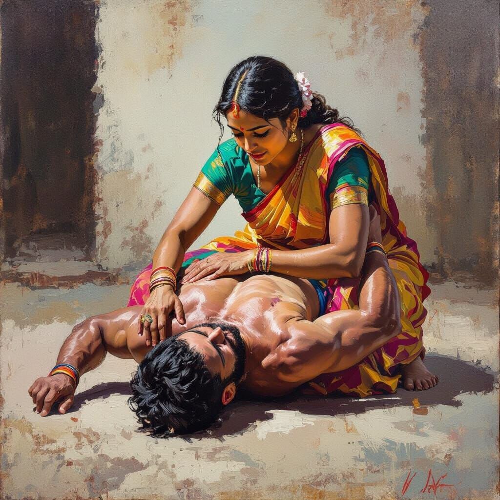 Indian Peasant Wife Pins Husband in Wrestling Match