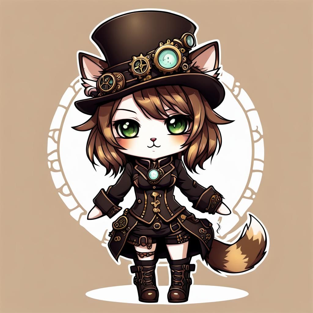 Chibi Steampunk Neko Girl Illustration