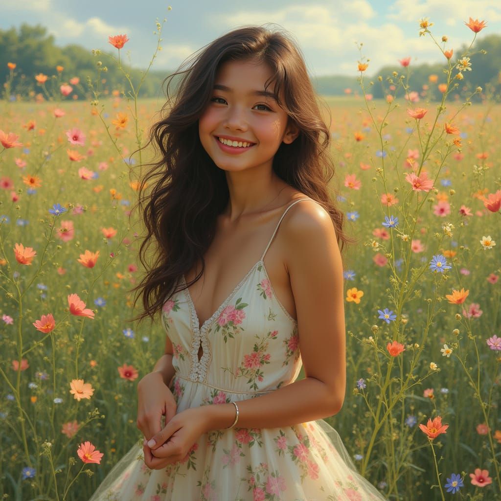 Vibrant Impressionist Portrait of a Young Woman in a Field o...