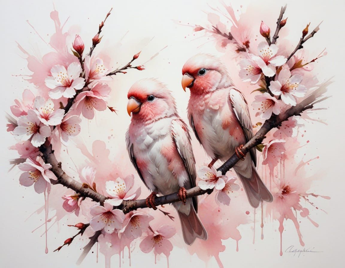Lovebirds on Cherry Blossom Branch in Watercolour Style
