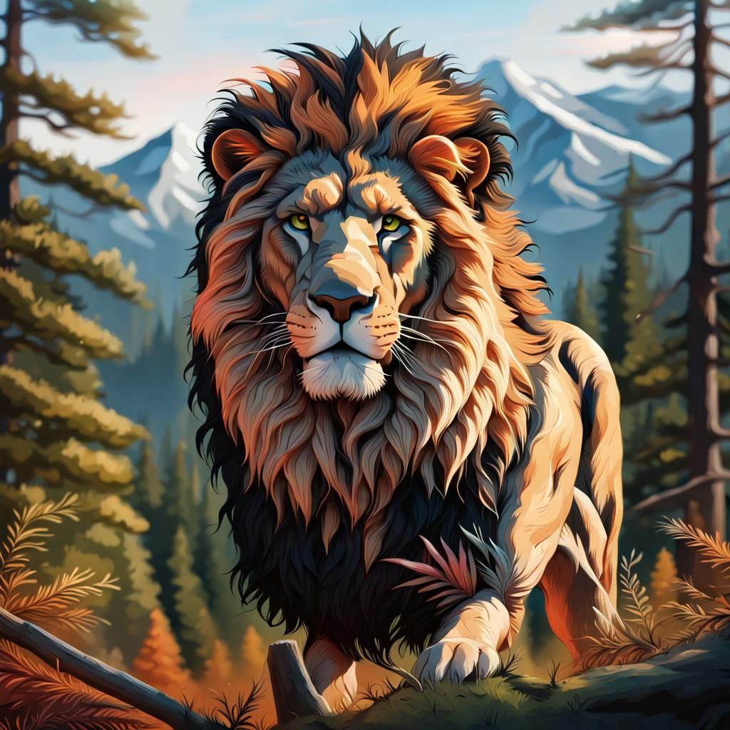 Hyperrealistic Black Lion in Forest Concept Art