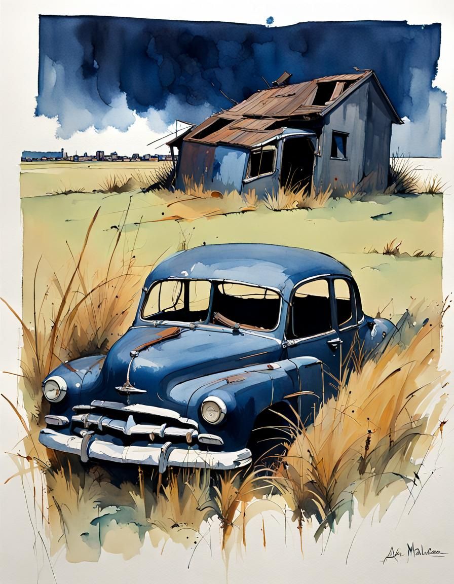 Distorted Abstract Painting of Abandoned Car in Field