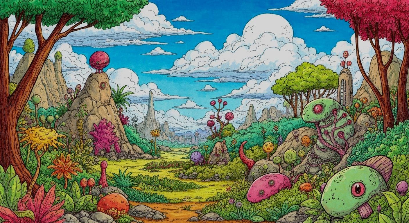 Surreal Landscape with Unique Creatures and Plants