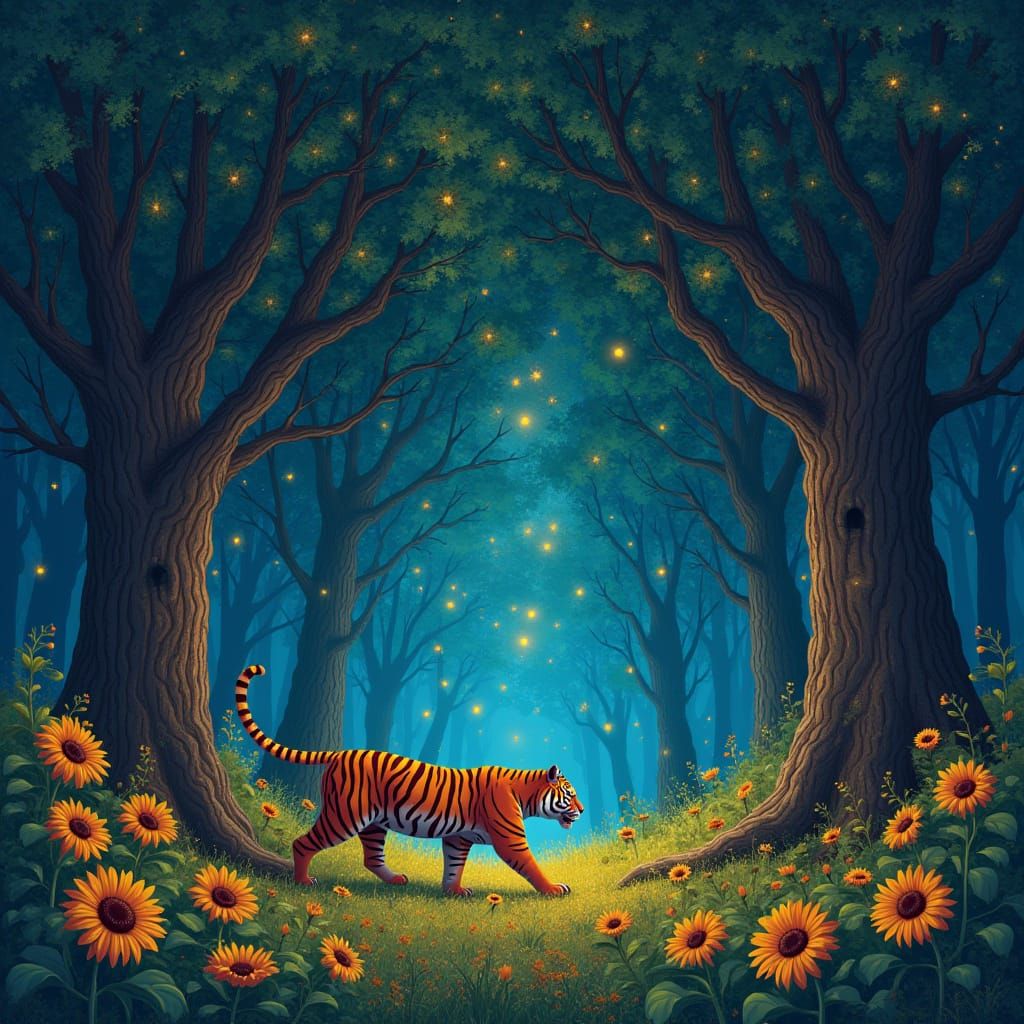 Rainbow Tiger in Whimsical Forest at Night