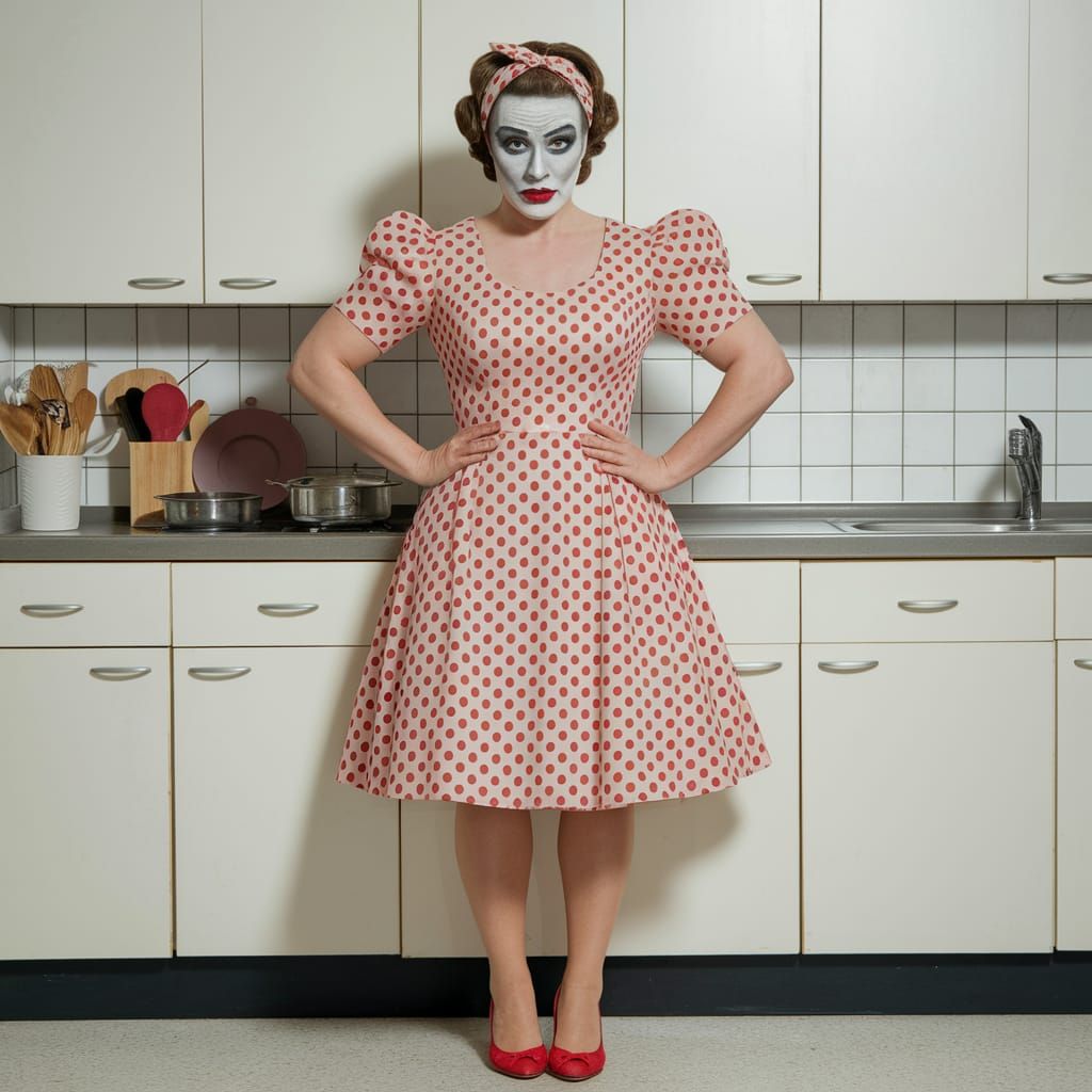 Muscular Man as 1950s Housewife in Kitchen