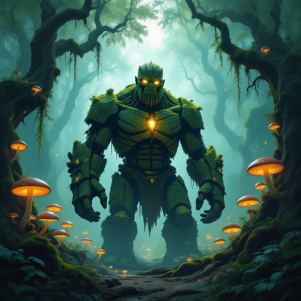 Bioluminescent Forest Golem in Fantasy Realism