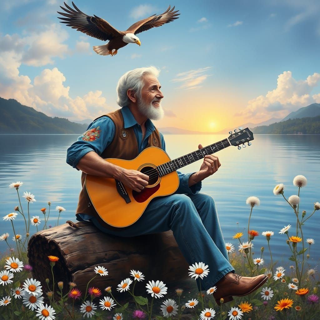 Hippie Man Plays Guitar at Sunrise in Oil Painting Style