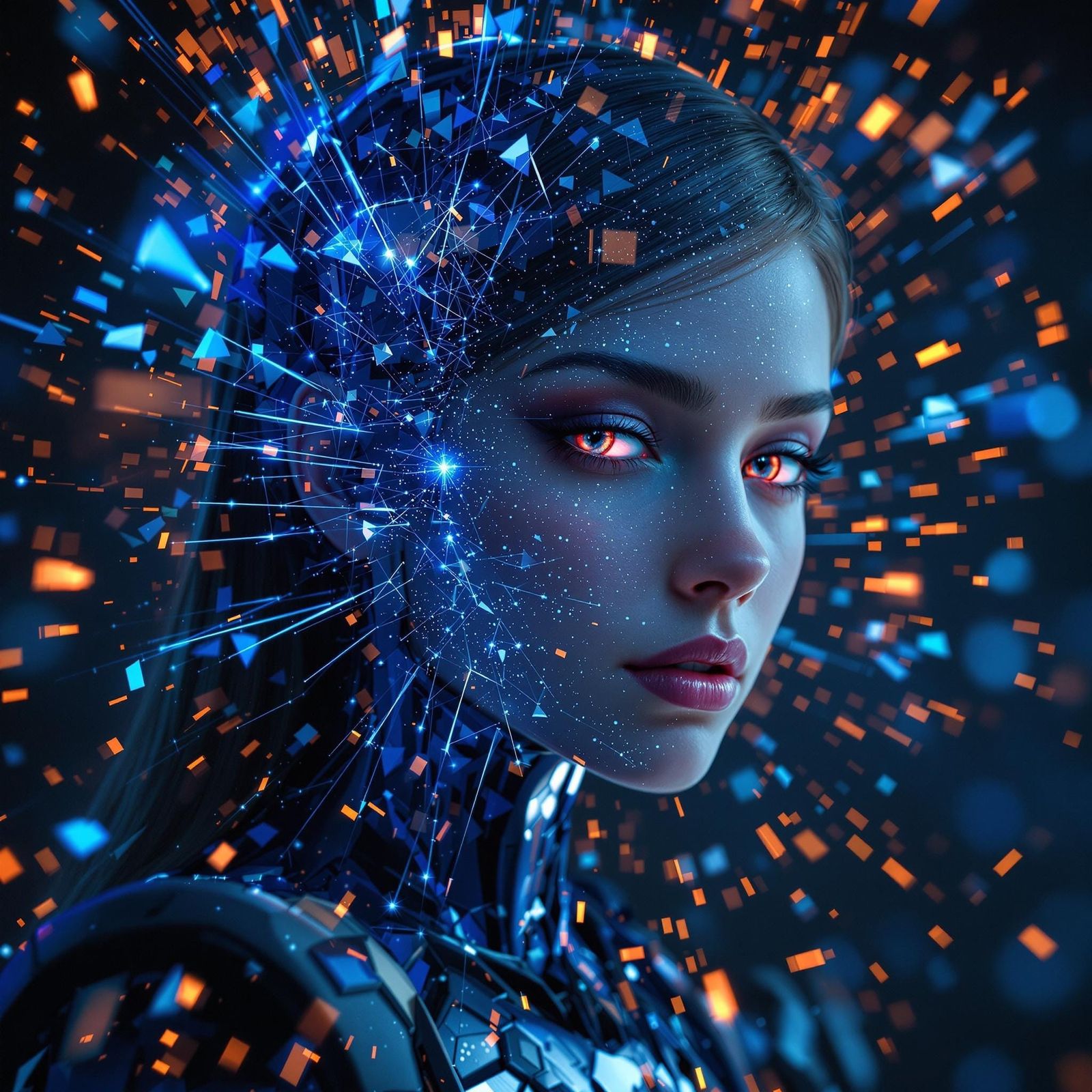 Cyberpunk Warrior Goddess in Shattered Sapphire Haze