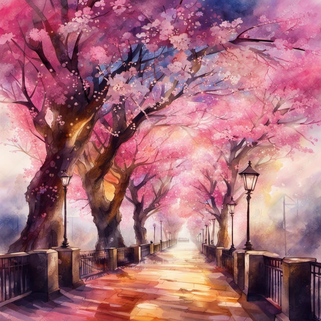 Watercolor Cherry Blossom Avenue in Abstract Style