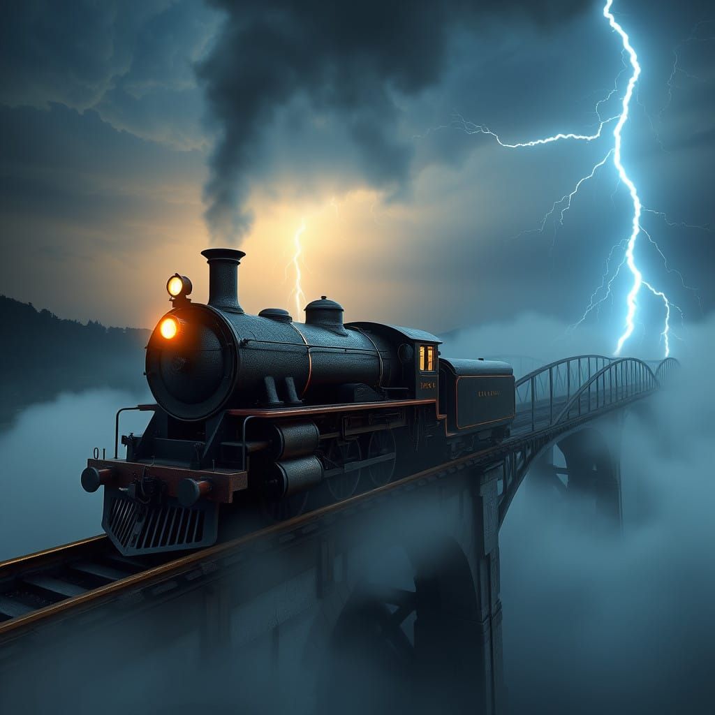 Majestic Steam Locomotive Illuminated by Colossal Lightning