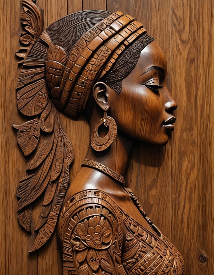 Teak Relief Carving: Profile of an African Woman