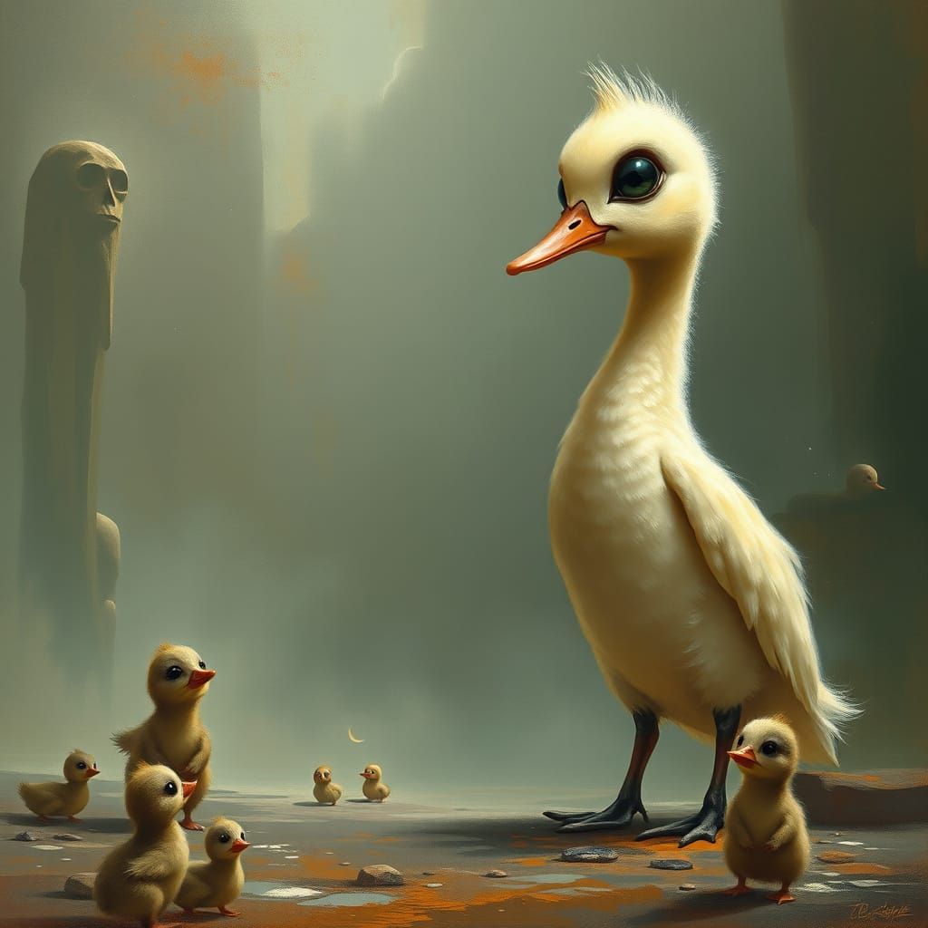 Surreal Painting of a Towering Duckling with Large Eyes