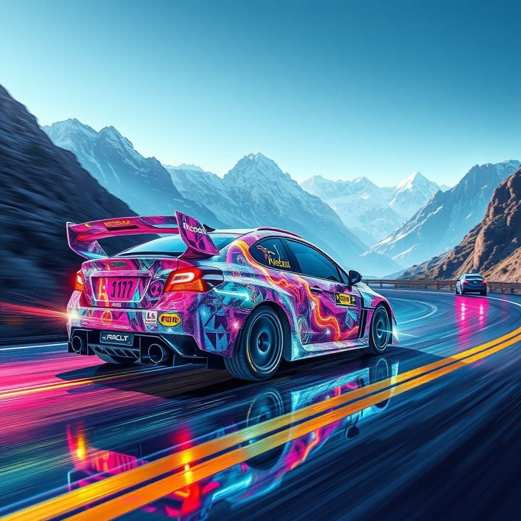 rally car wrapped in "sugar glass" artwork
