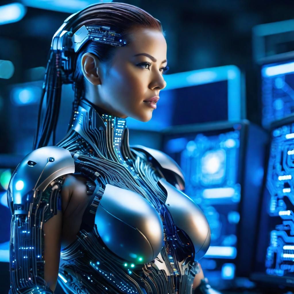 Cyborg Woman in Cyberspace with Circuitry Details