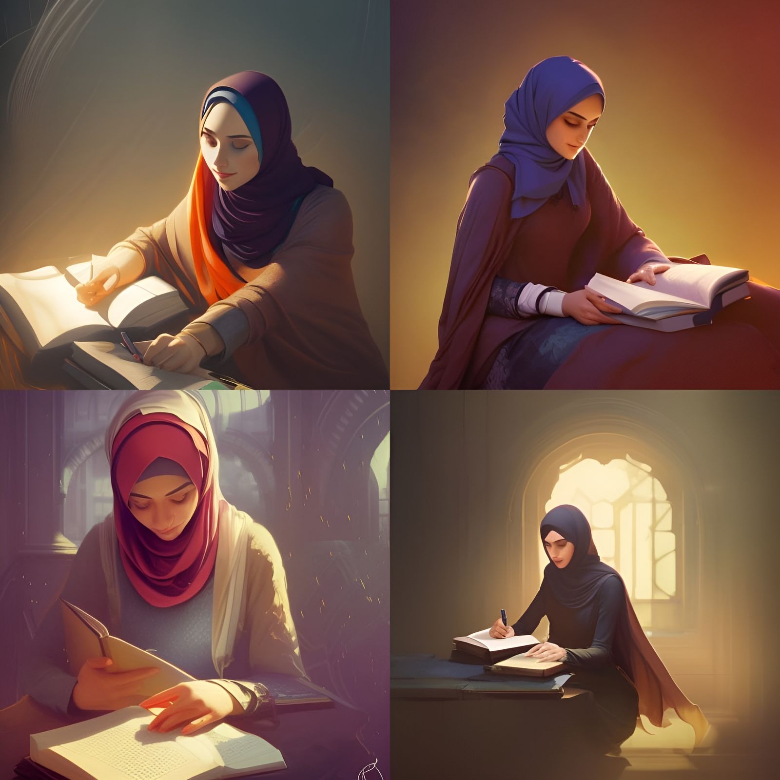 Woman in Hijab Writing: Hyperdetailed Concept Art