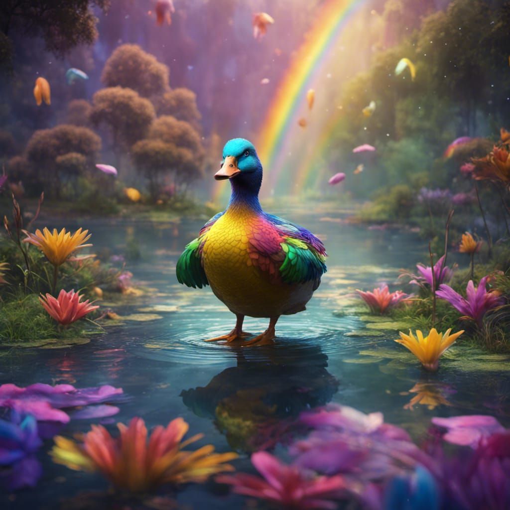 Rainbow Duck on Pond: Detailed Fantasy Art