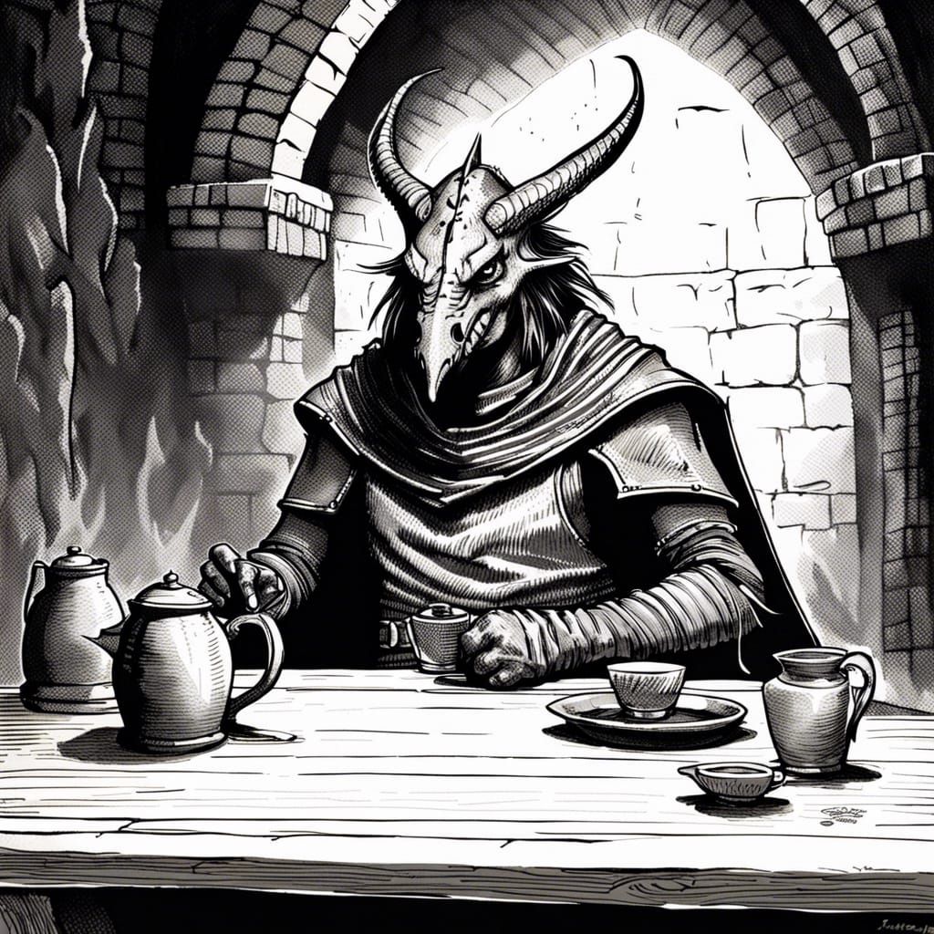 Draken sitting at a table drinking tea in a dungeon, black a...