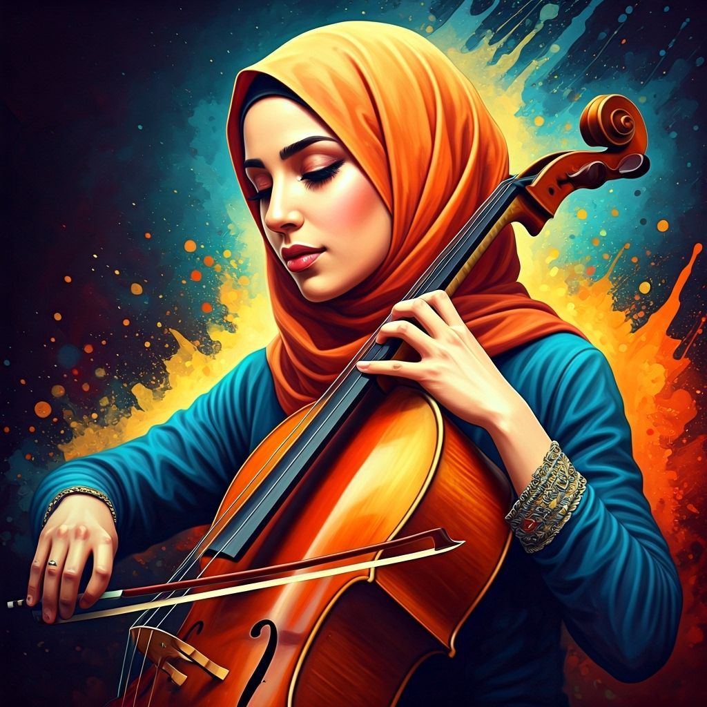 Hijabi Woman Plays Cello at White House in Splash Art Style