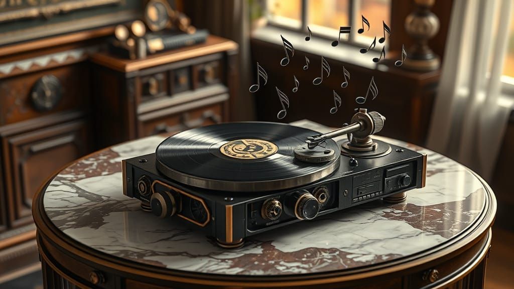 Steampunk Vinyl Record Player in a Cozy Atmosphere