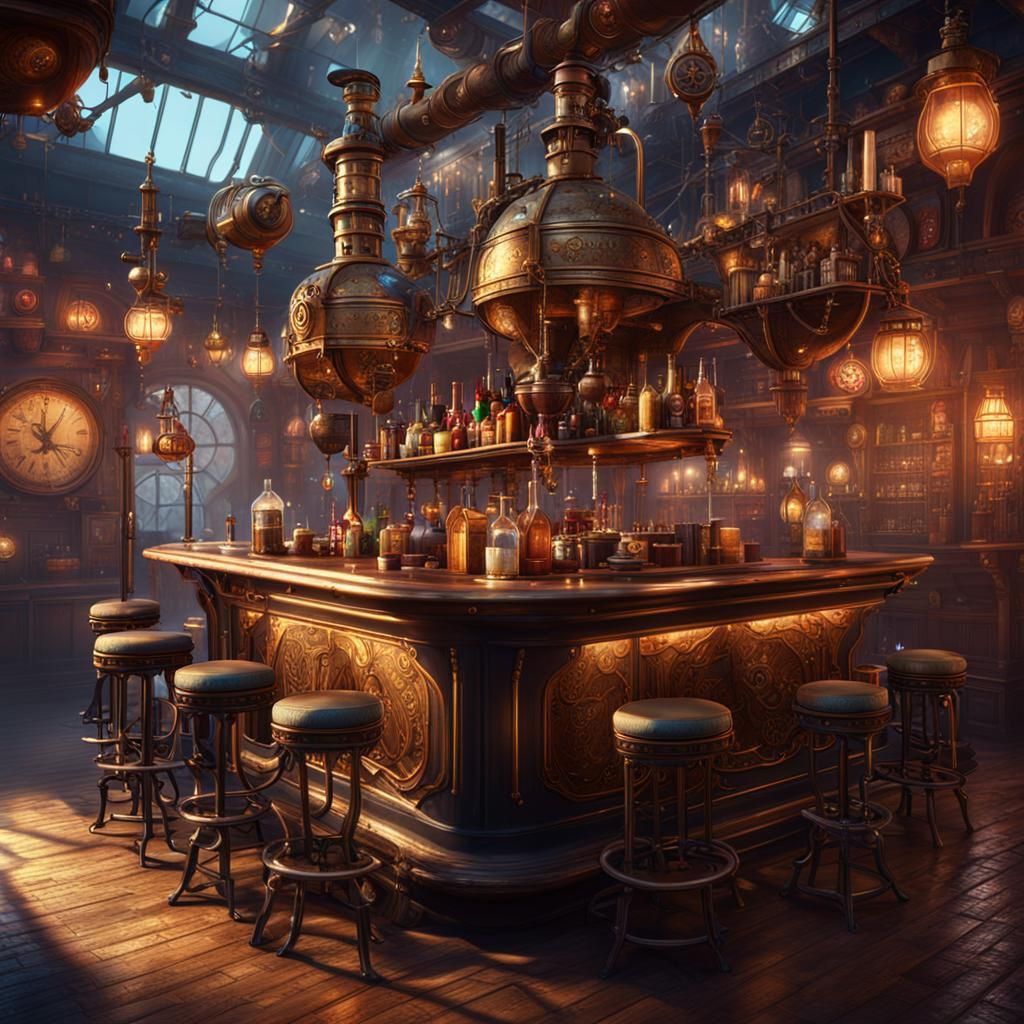 Steampunk Hashish Bar in Detailed Matte Painting Style