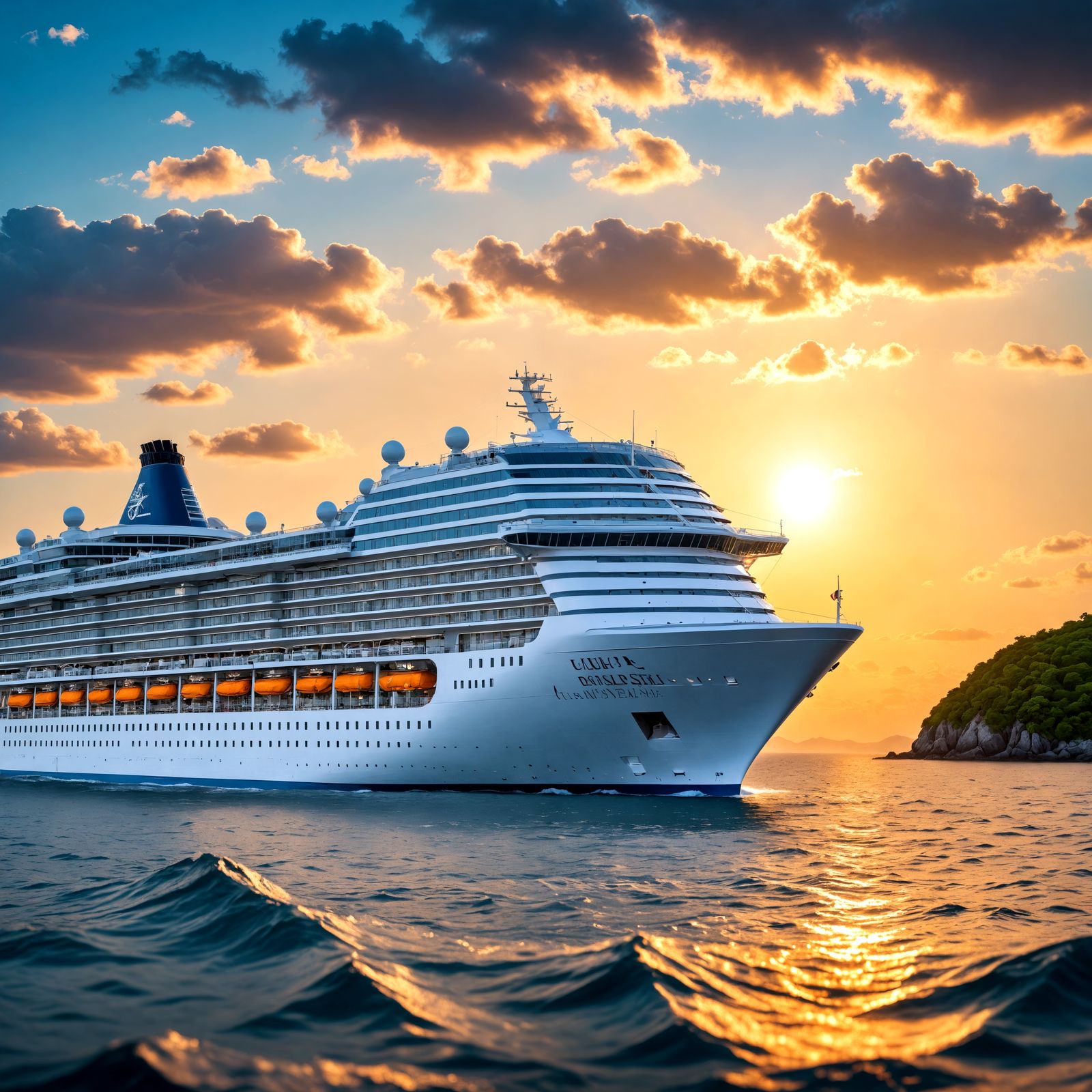 Luxury Cruise Ship Near Tropical Island
