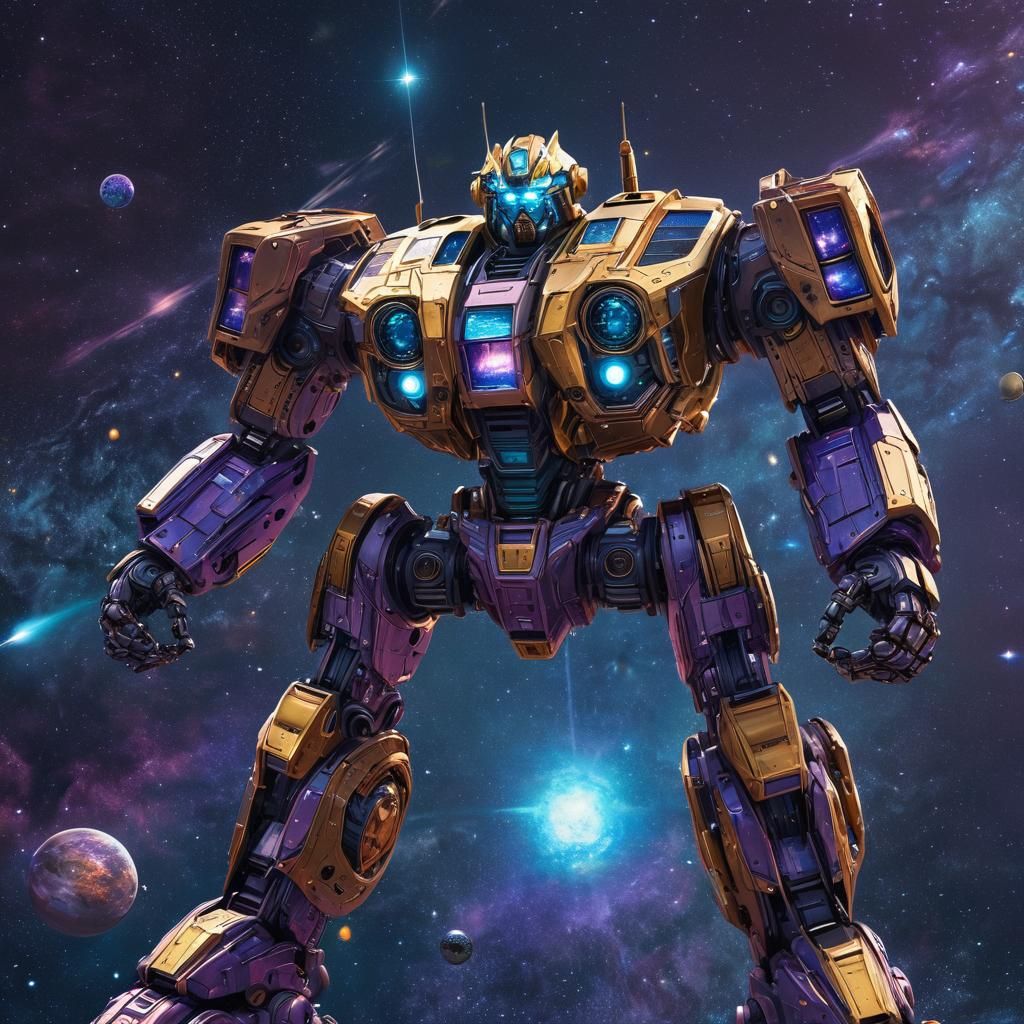 Cosmic Robot Mecha in Vibrant Astral Landscape