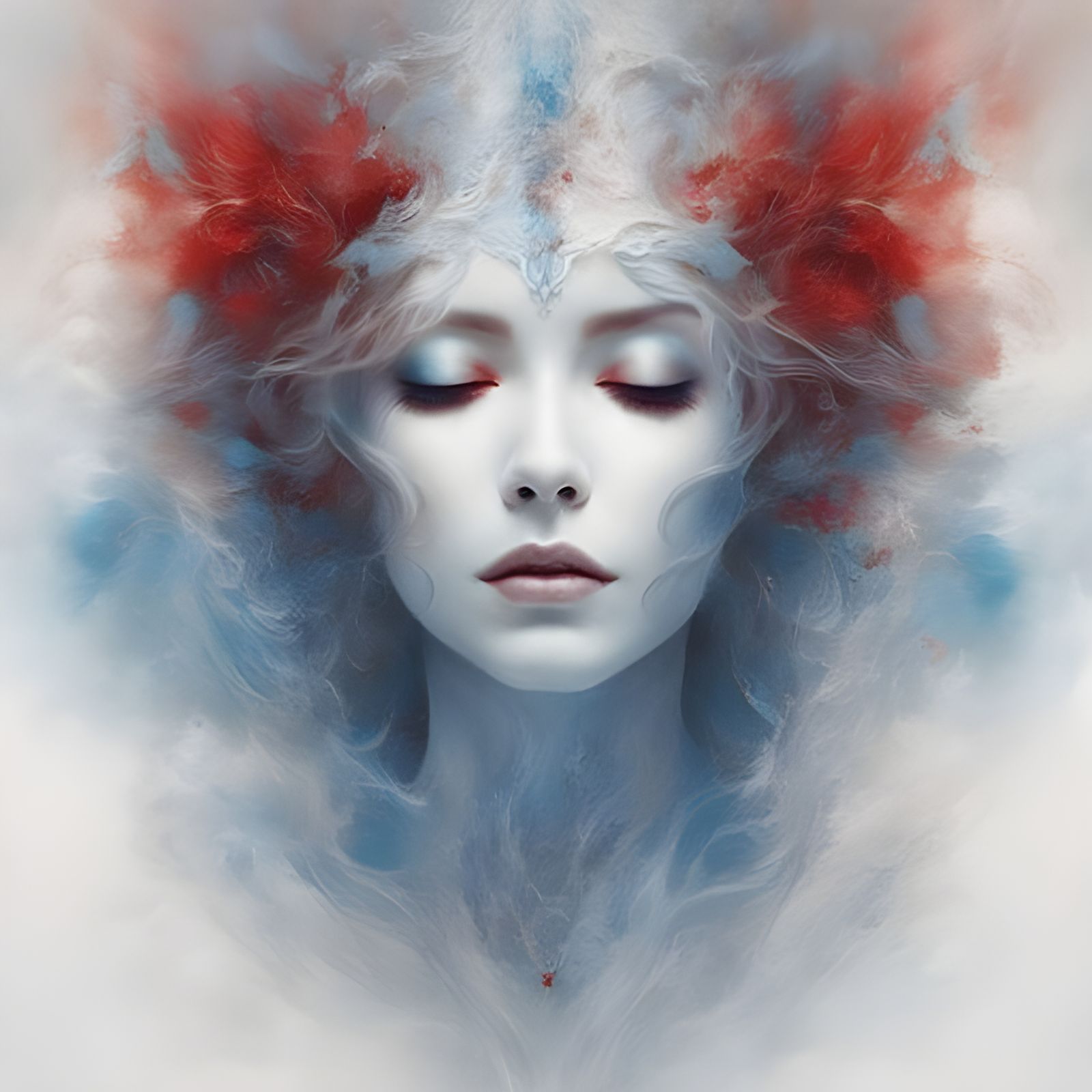 Ethereal Porcelain Portrait with Red and Blue Hues