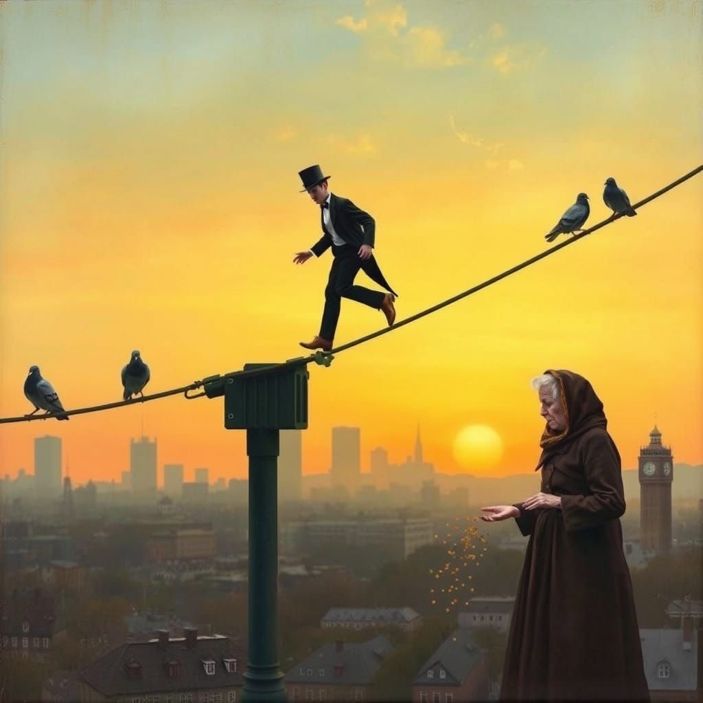 Man Walks Cable in Surreal Cityscape, Oil on Canvas