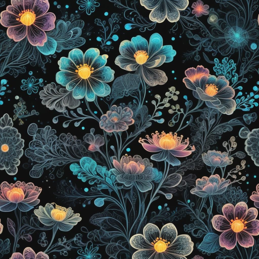 Bioluminescent Flowers with Zentangle Clouds