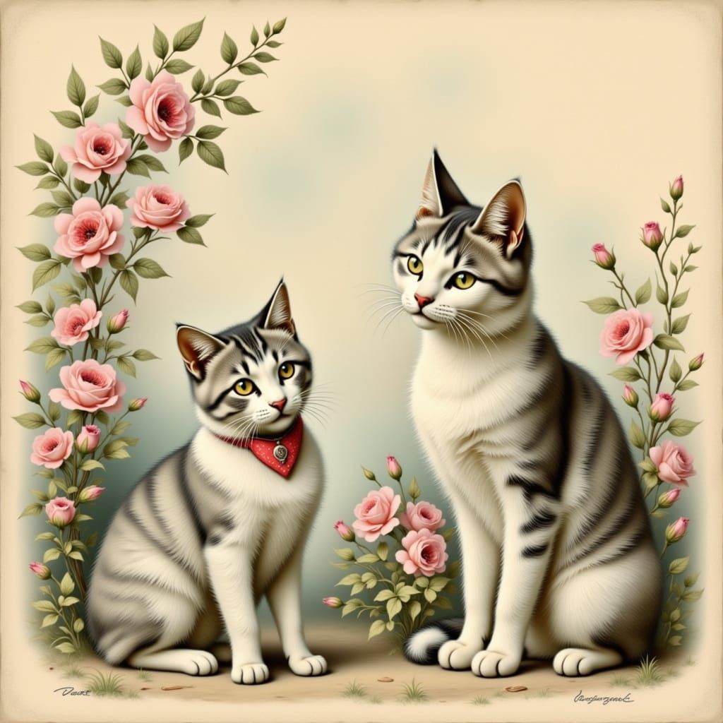 Charming French Postcard Beauty with Whimsical Pets