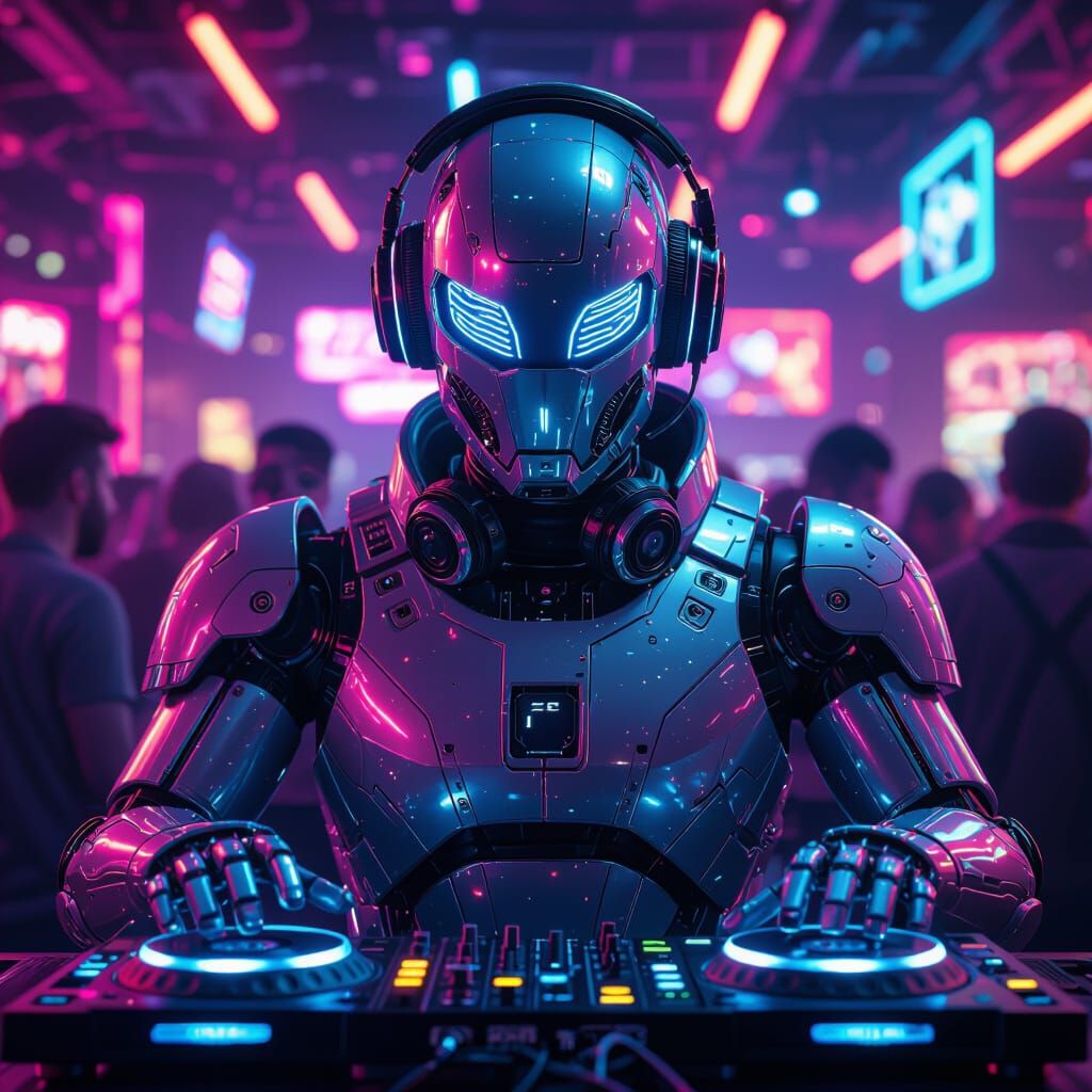 Futuristic Robot DJ in Cyberpunk Nightclub