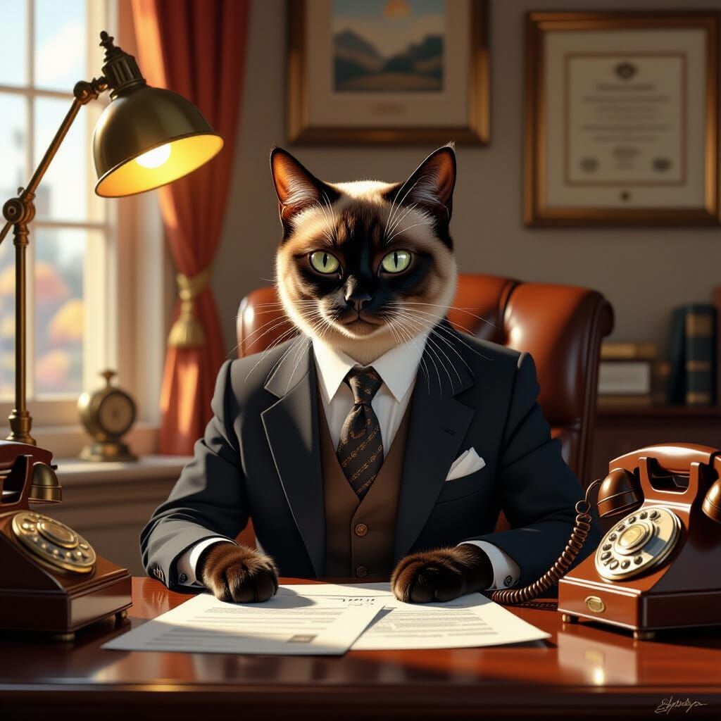 Siamese Cat CEO in Corner Office, Digital Painting