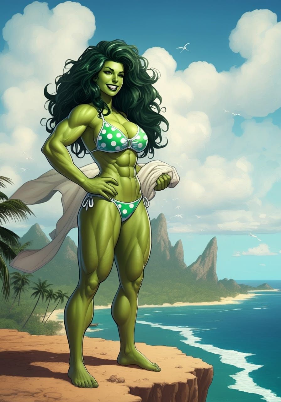 She-Hulk in a bikini, dynamic pose, smiling