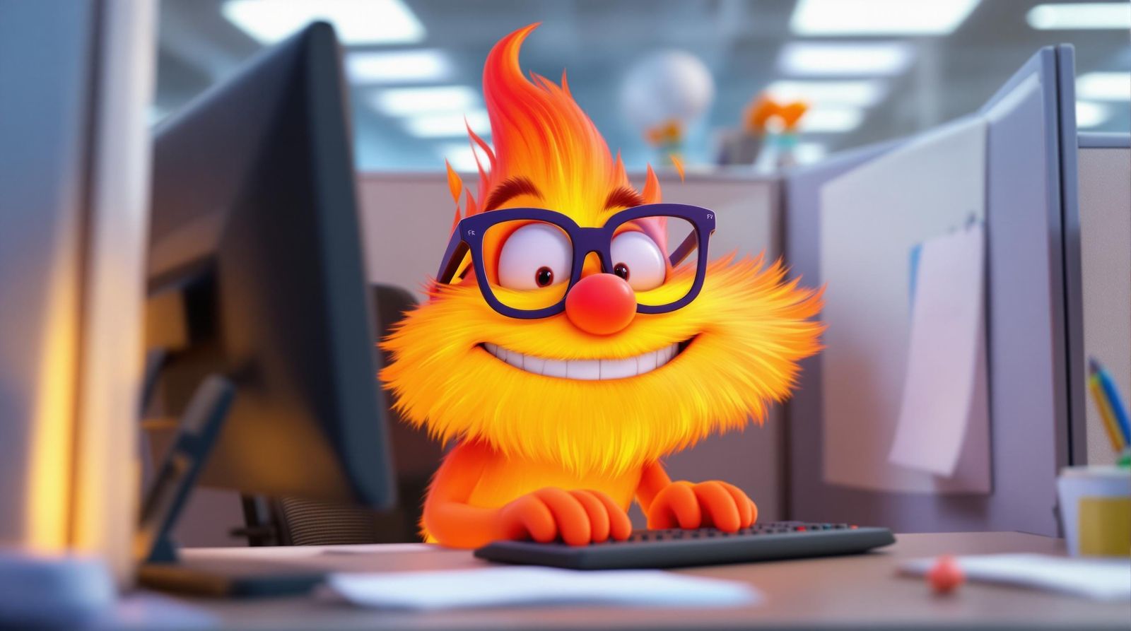 Office Worker Flame in Spectacles Works at Computer