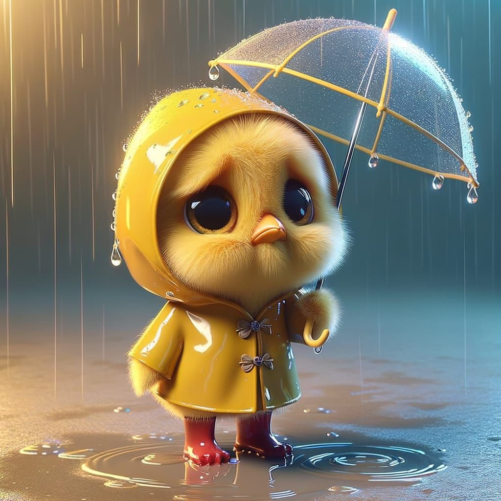 Sad Chick in Rain: 3D Cartoon Character